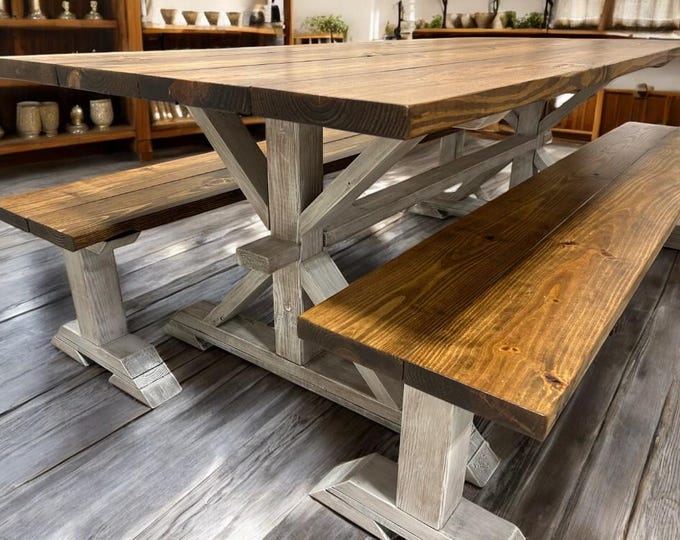 7ft Farmhouse Table Set - Trestle Base - Two Long Benches - Provincial Brown and Distressed White - Wooden Pedestal Dining Table