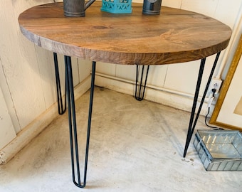 Small Farmhouse Nook Dining Table, Industrial Style, Provincial Brown Top and Black Hairpin Legs, Round Dining Table, Kitchen Table, Wooden