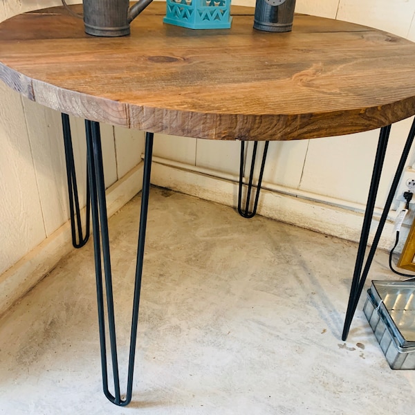 Small Farmhouse Nook Dining Table, Industrial Style, Provincial Brown Top and Black Hairpin Legs, Round Dining Table, Kitchen Table, Wooden