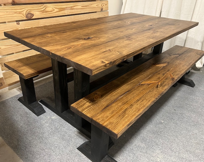 Trestle Style Farmhouse Table - Modern Provincial Brown with True Black - Wooden Dining Table with Benches