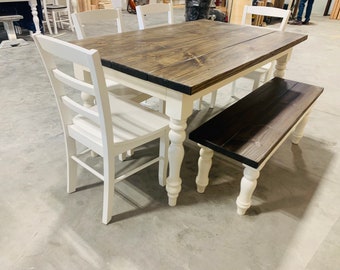 5ft Rustic Farmhouse Table with Turned Legs, Bench and Chair Set Dark Walnut Top and Antique White Base, Wooden Dining Table