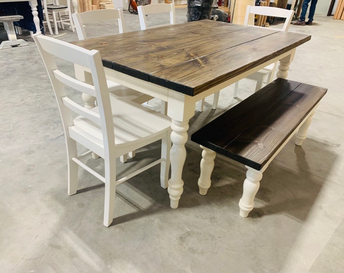 5ft Rustic Farmhouse Table with Turned Legs, Bench and Chair Set Dark Walnut Top and Antique White Base, Wooden Dining Table