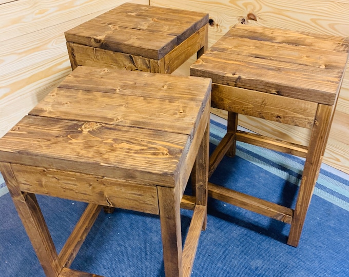 Rustic Farmhouse Counter Height Stools, Provincial Brown Stain, Wooden Bar Stool Set For Kitchen, Handmade Seating