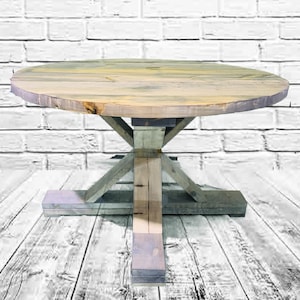 Round Rustic Farmhouse Table, Single Pedestal  Style Base, Gray Weathered Wood Look Barnwood Feel, Wooden Dining Table