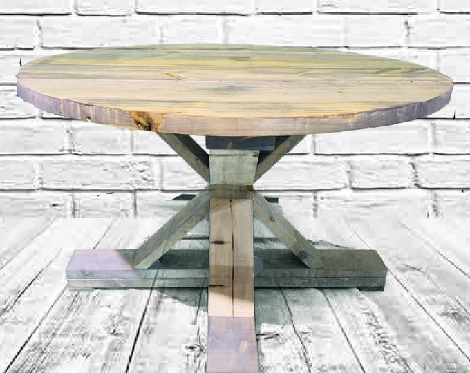 Round Rustic Farmhouse Table, Single Pedestal  Style Base, Gray Weathered Wood Look Barnwood Feel, Wooden Dining Table