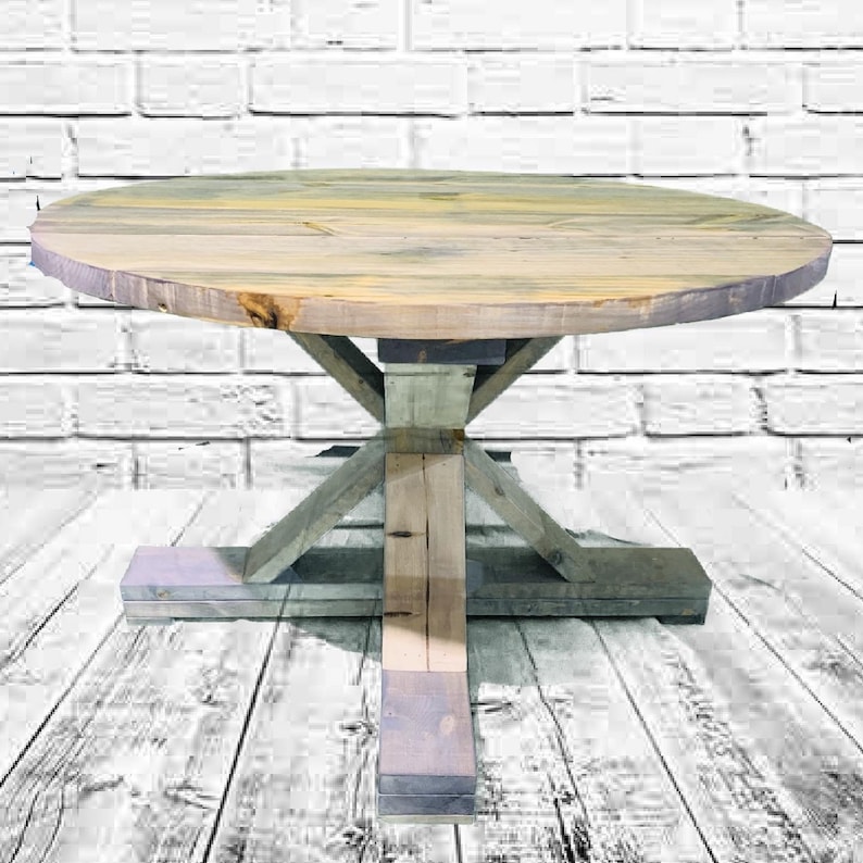 Round Rustic Farmhouse Table Single Pedestal Style Base Gray Etsy