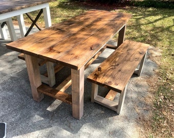 Rustic Farmhouse Table, Farmhouse Table with Benches, Farmhouse Table with Bracing, Rustic Dining Set, Gray and Provincial Brown Table