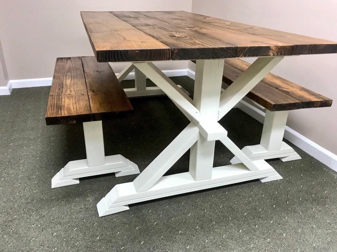 Rustic Pedestal Farmhouse Table With Benches Provincial Brown Etsy