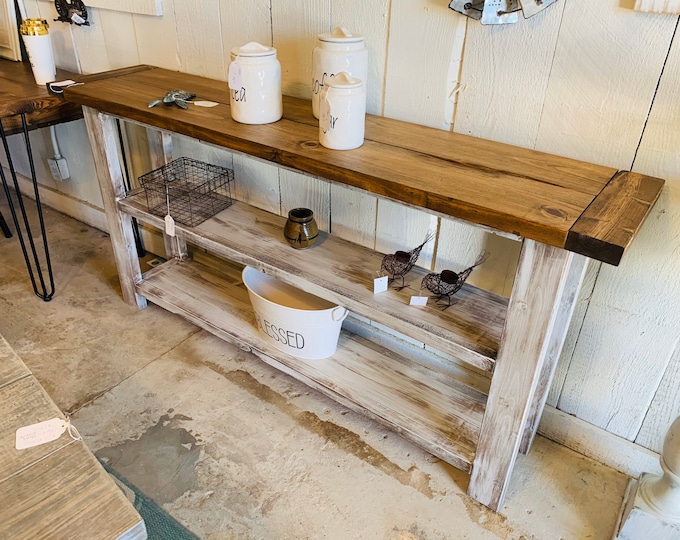 Rustic Farmhouse Narrow Bookcase, Console or Entryway Table with Early American Brown Top and Distressed White Base, Wooden Shelving Unit