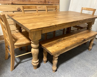 Farmhouse Table Dining Set, Chunky Turned Legs, Chairs and Bench, Early American Brown, Wooden Kitchen Table Set