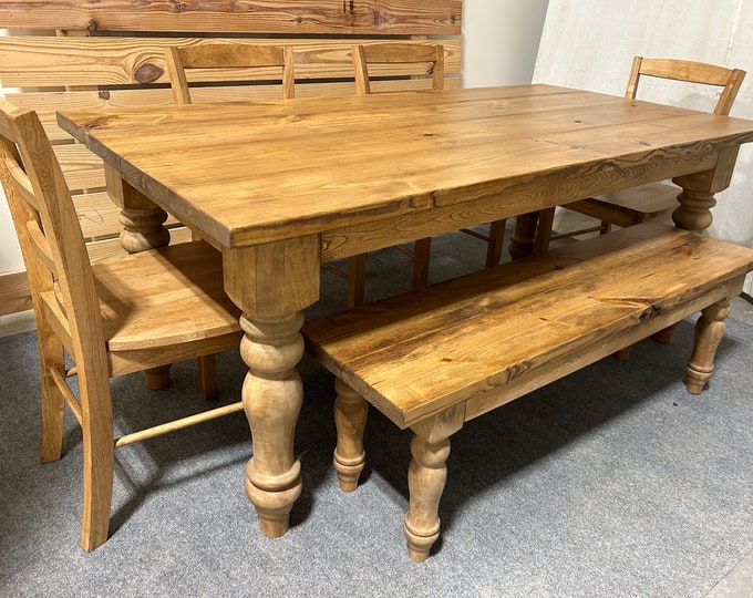 Farmhouse Table Dining Set, Chunky Turned Legs, Chairs and Bench, Early American Brown, Wooden Kitchen Table Set