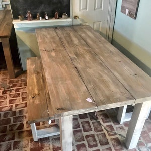 White Wash Farmhouse Table With Benches Rustic Wooden Gray White Wash Top and Creamy White Distressed Base Dining or Kitcen Table