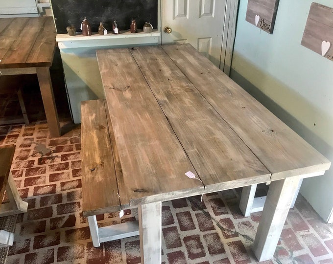 White Wash Farmhouse Table With Benches Rustic Wooden Gray White Wash Top and Creamy White Distressed Base Dining or Kitcen Table