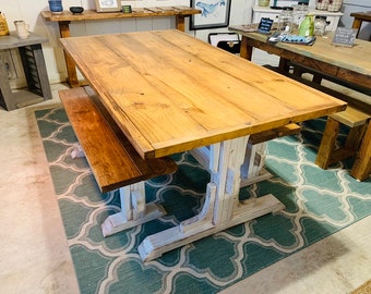 Trestle Style Rustic Farmhouse Table Set with Two Benches, Early American Top, Distressed White Base, Wooden Dining Set with Trim