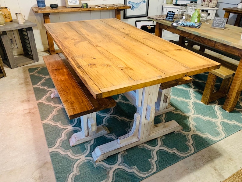 Early American Top Trestle Style Rustic Farmhouse Table Set with Two Benches Distressed White Base Wooden Dining Set with Trim