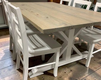 Farmhouse Trestle Dining Table Set With Chairs Rustic Wood White Kitchen Furniture