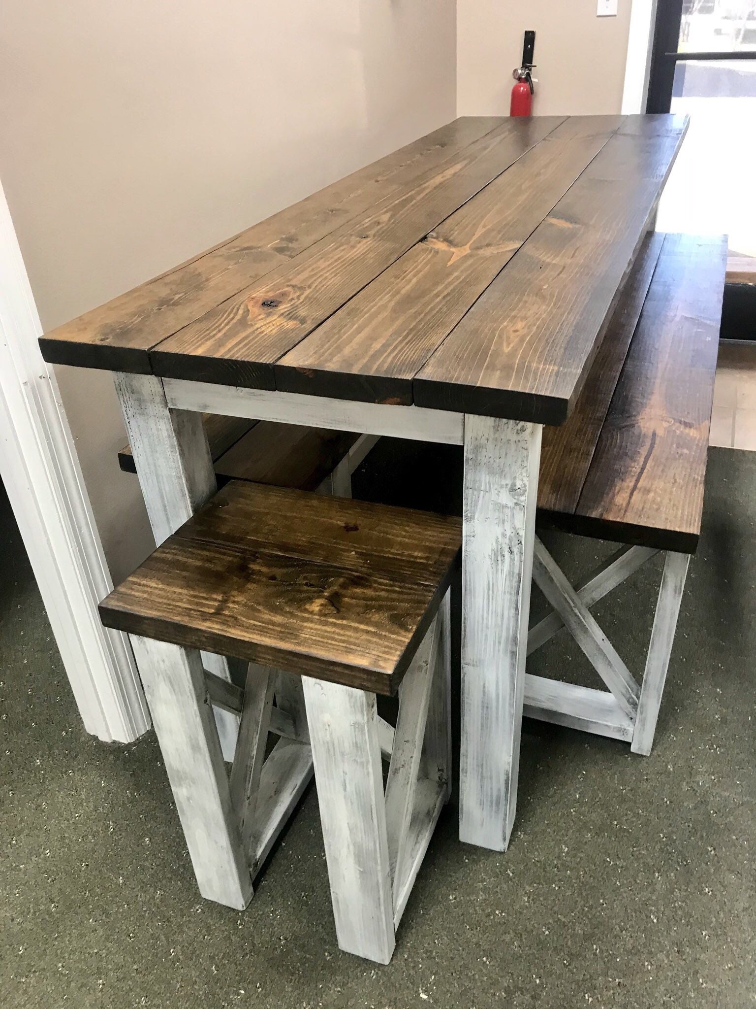 Long Pub Style Farmhouse Table Set, With Stools and Tall Benches, Dark  Walnut Top With White Distressed Base, Tall Farmhouse Table Set 