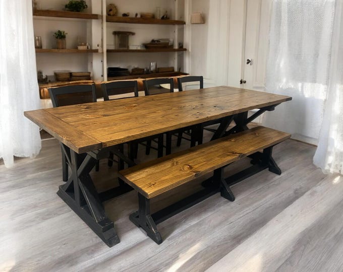 8 Foot Farmhouse Table - Distressed Black, Provincial Brown - Pedestal Style Dining and Kitchen Table - Dining Wooden - Bench and Chairs