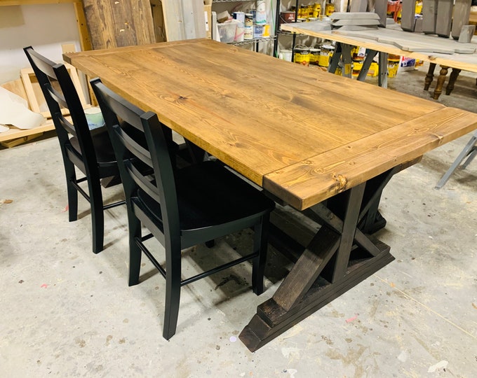 Rustic 6ft Long Pedestal Farmhouse Table Bench and Chairs Provincial with Black Base Dining Set and Kitchen Table with Breadboards