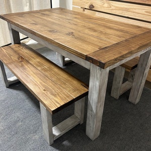 Wooden Farmhouse Dining Table Set: Provincial Brown, Distressed White, With Benches