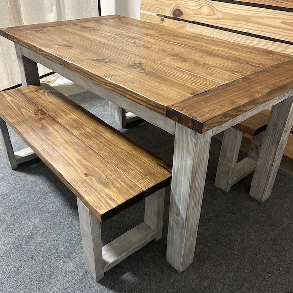 Wooden Farmhouse Dining Table Set: Provincial Brown, Distressed White, With Benches