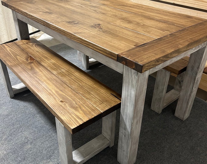 Wooden Farmhouse Table Dining Set - With Benches - Provincial Brown, Distressed White - Kitchen Table Set - Breadboard Ends