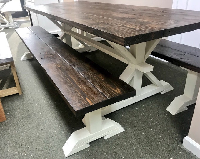 8ft Rustic Farmhouse Table with Long Benches, Banquet Table, Large Farmhouse Table with Espresso top and Antique White Base Dining