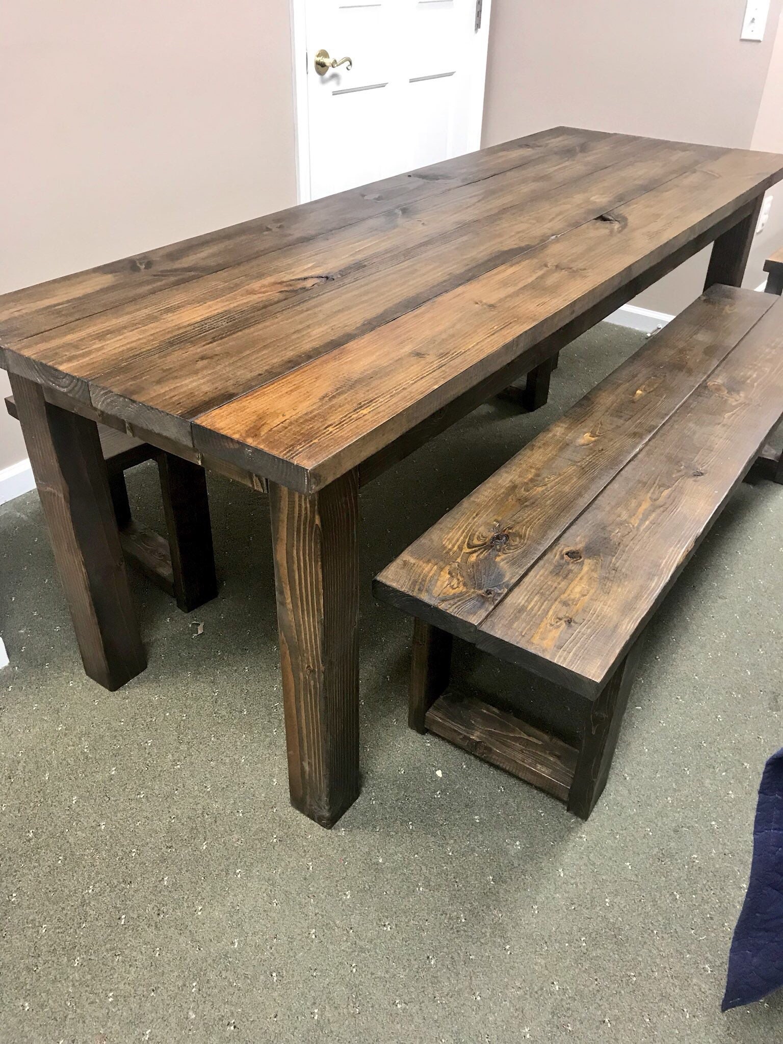 Farmhouse Table With Benches Brown Dining Set Table Set Dark Walnut Long Narrow Farmhouse Table