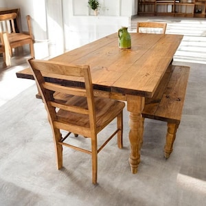 6ft Dining Set - Farmhouse Table Set with Two Benches - Early American Brown - Turned Leg Wooden Kitchen Table - Rustic Wooden Table