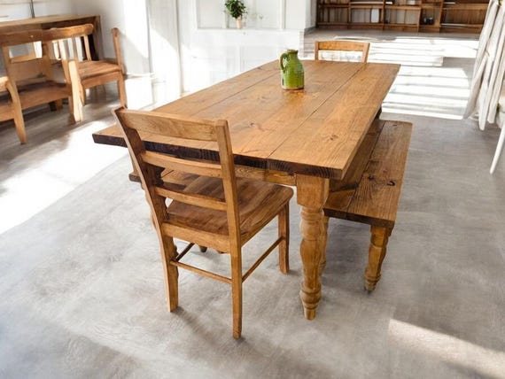 6ft Dining Set Farmhouse Table Set With Two Chairs and Two Benches Early American Brown Turned Leg Wooden Kitchen Table Etsy