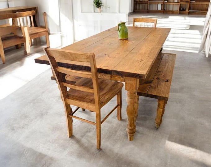 6ft Dining Set - Farmhouse Table Set with Two Benches - Early American Brown - Turned Leg Wooden Kitchen Table - Rustic Wooden Table