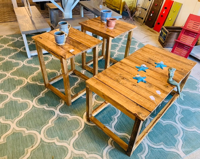 Rustic Farmhouse Living Room Set, Early American Brown Top and base, Wooden End Tables and Coffee Table Living Room Set