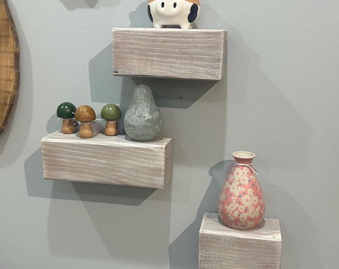 Thick Floating Shelves - Three Tiered - Wooden Floating Shelf Blocks - Distressed White - Farmhouse Style