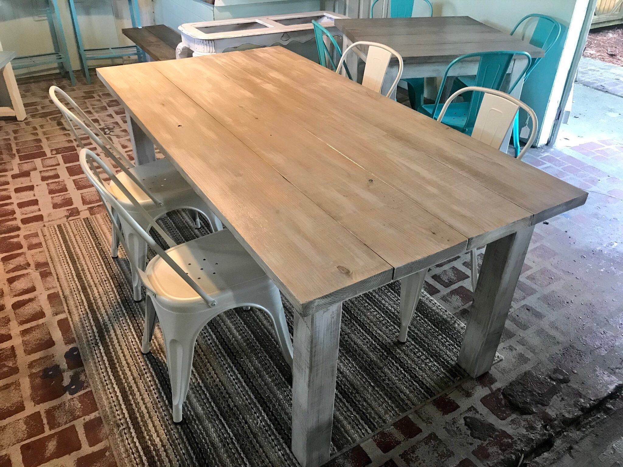 White Wash Farmhouse Table With Metal Chairs Rustic Wooden Gray