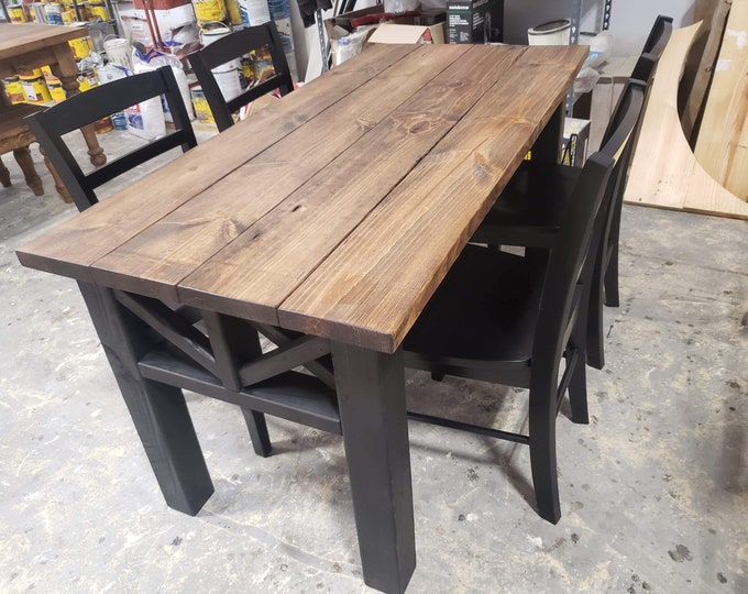 Modern Wooden Farmhouse Table Set with Black Chairs Provincial Brown Top and True Black Base Criss Cross Style