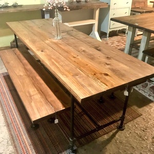 Industrial Style Farmhouse Table with Benches Black Iron Pipe Base and Legs Wooden Stained Walnut Top Industrial Rustic Dining Set
