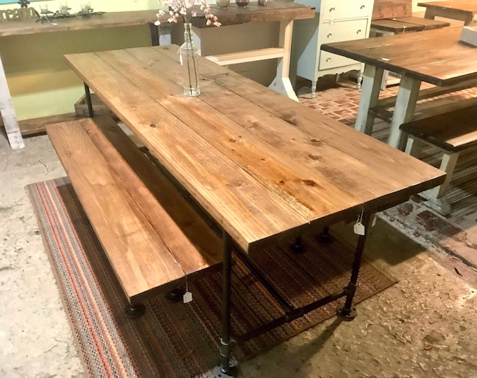 Industrial Style Farmhouse Table with Benches Black Iron Pipe Base and Legs Wooden Stained Walnut Top Industrial Rustic Dining Set