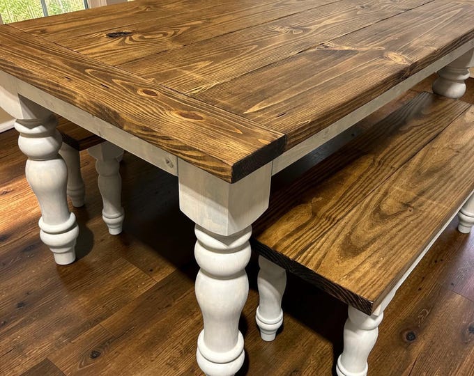 Turned Leg Farmhouse Dining Table with Benches - Provincial Brown Top