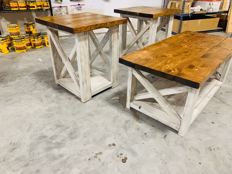 Farmhouse Living Room Set, End Tables Set and Coffee Table with Distressed White Base and Early American Top, Rustic Living Room Furniture X image 3