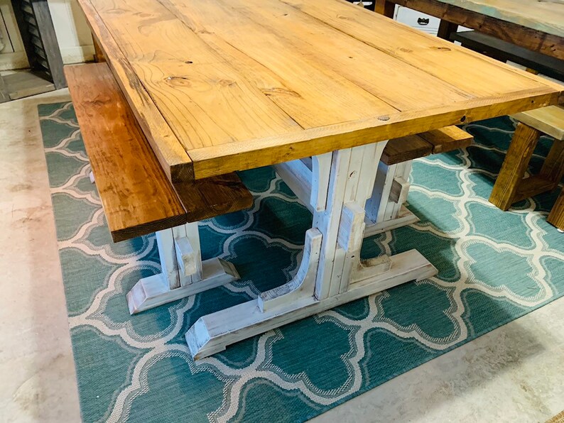 Early American Top Trestle Style Rustic Farmhouse Table Set with Two Benches Distressed White Base Wooden Dining Set with Trim