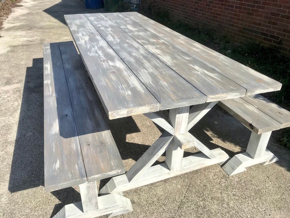 8ft Rustic Farmhouse Table With Long Benches Banquet Table Large