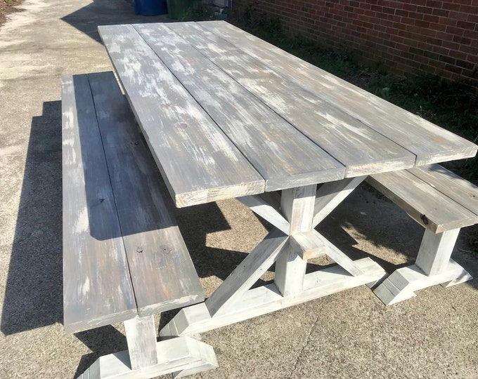 8ft Rustic Farmhouse Table with Long Benches, Banquet Table, Large Farmhouse Table with Gray White Wash top and Distressed White Base Dining