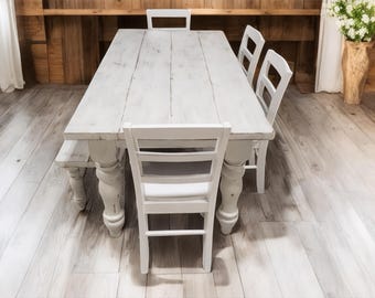 White Farmhouse Table - Distressed White Dining Table with Chairs and Bench - Kitchen Table Set - Wood Turned Legs
