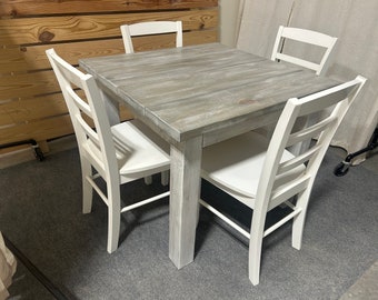 Square Farmhouse Table - With Chair Option - Small Dining Table - Wooden Nook Table Set - Gray White Wash, Distressed White