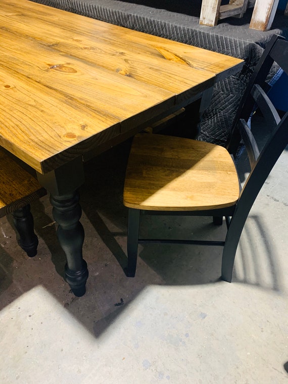 Rustic Farmhouse Table Set With Turned Legs two Benches and Chairs