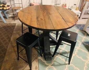 Counter Height Round Rustic Farmhouse Table with stools, Single Pedestal  Style Base, Black base with Provincial Brown Top, Small Dining
