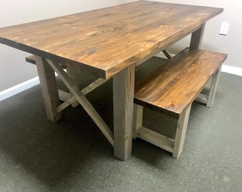 Rustic Farmhouse Table Set: Provincial Brown Top, Classic Gray Base, Criss Cross Benches