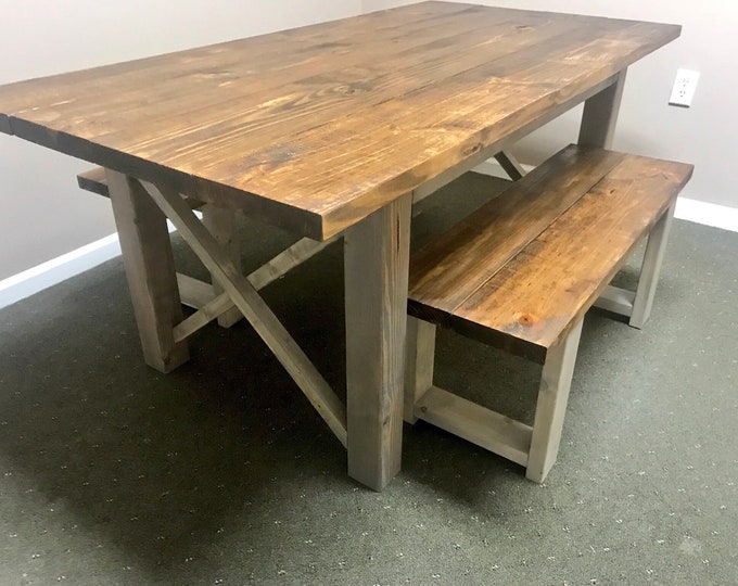 Rustic Wooden Farmhouse Table Set with Provincial Brown Top and Classic Gray Base Criss Cross Style Includes Two Benches