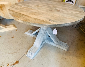Round Farmhouse Table, Single Pedestal  Style Base,  White Wash Top with Distressed White Base, Small Wooden Dining Table