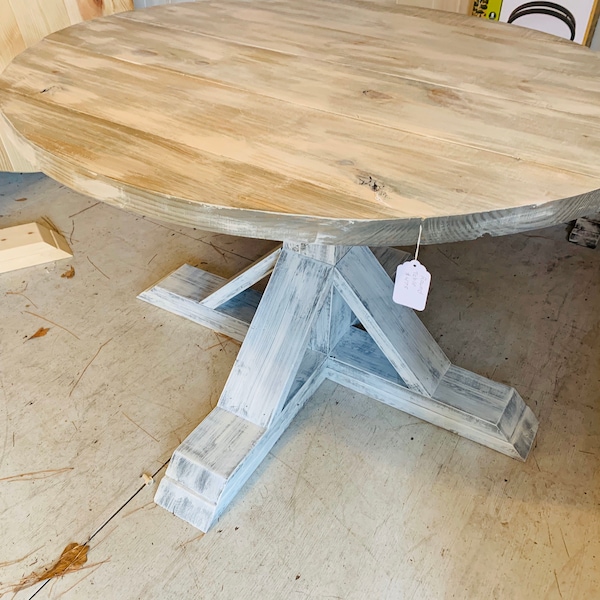 Round Farmhouse Dining Table: Whitewash Top, Distressed White Base